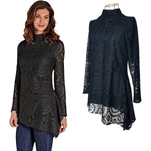 Soft Surroundings Black Lace Mock Neck Tunic Top w/ Asymmetrical Hem, Size Small